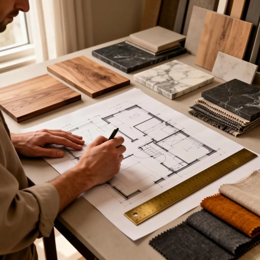 Interior designer al lavoro su una planimetria con campioni di materiali