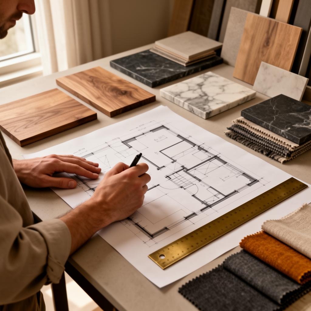 Interior designer al lavoro su una planimetria con campioni di materiali